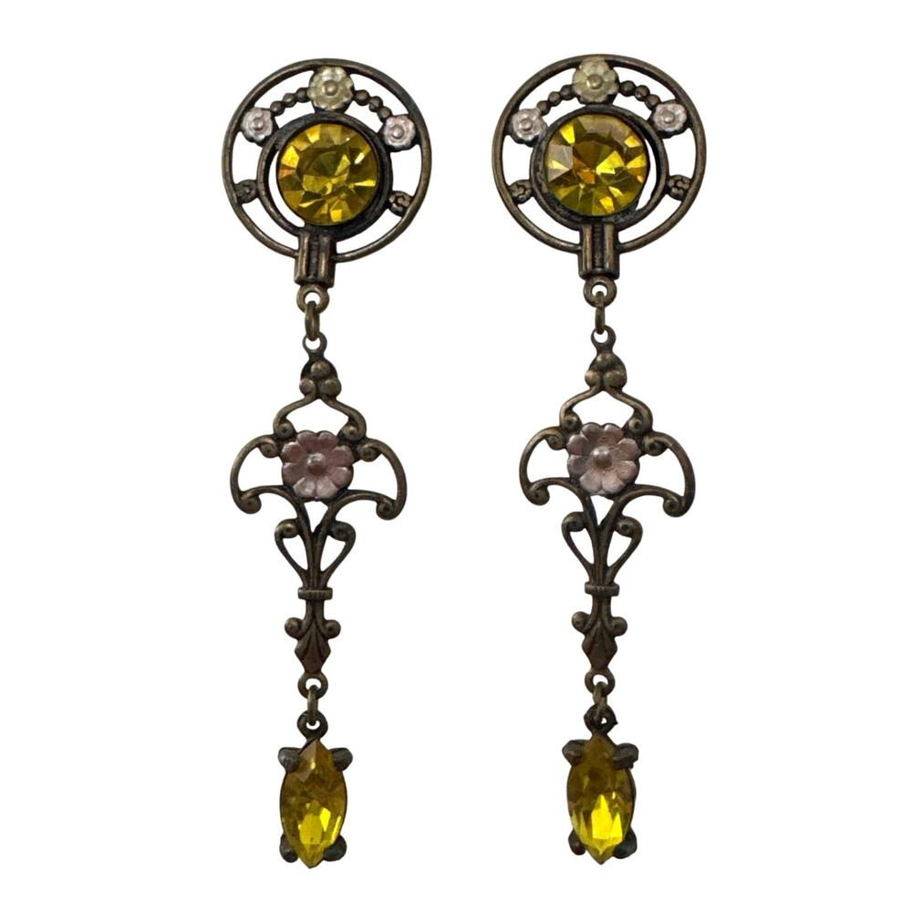 Vintage 1990s Art Nouveau Revival Amber Crystal Chandelier Earrings